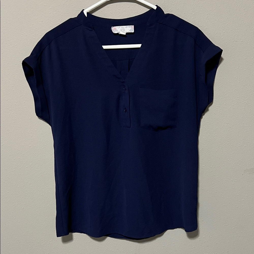 Pink Rose Navy V-Neck Short Sleeve Pocket Blouse